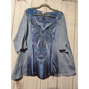 World Unity Woman Plus Size 2X Blue Paisley Studded 3/4 Sleeve Knit Top Tunic